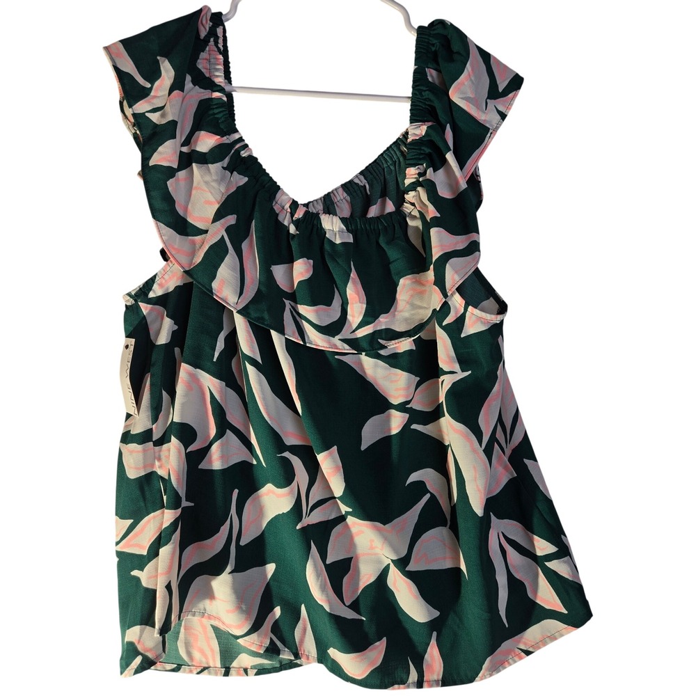 Nine West Womens XXL Green Pink Tropical Leaf Ruffle Neck Sleeveless Top Blouse